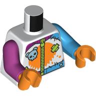Visuel indicatif Rebrickable de Torse, bras impairs, veste avec fermeture à glissière, crâne bleu moyen, tache orange, motif imprimé de bandage de vert citron, bras gauche d'azur moyen, bras magenta droit, mains orange (Torso, Odd Arms, Jacket with Zipper, Medium Blue Skull, Orange Spot, Lime Bandage Print, Left Medium Azure Arm, Right Magenta Arm, Orange Hands)