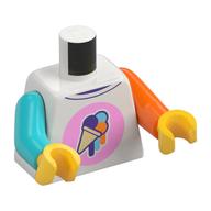 Visuel indicatif Rebrickable de Torse, bras impairs, crème glacée sur cercle rose vif, motif imprimé col violet foncé, bras orange gauche, bras Azur moyen droit, mains jaunes (Torso, Odd Arms, Ice Cream On Bright Pink Circle, Dark Purple Collar Print, Left Orange Arm, Right Medium Azure Arm, Yellow Hands)