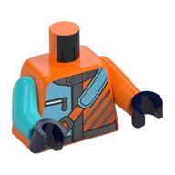 Visuel indicatif Rebrickable de Torse, bras impairs, veste azur moyen/orange, garniture argentée, fermeture éclair, motif imprimé sur la sangle, bras azur moyen gauche, bras orange droit, mains bleu foncé (Torso, Odd Arms, Medium Azure/Orange Jacket, Silver Trim, Zipper, Strap Print, Left Medium Azure Arm, Right Orange Arm, Dark Blue Hands)