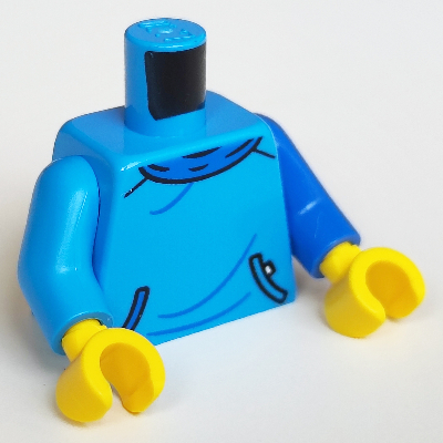 Visuel indicatif Rebrickable de Torse, bras dépareillés, col bleu, motif : poches, bras gauche bleu, bras droit azur foncé, mains jaunes (Torso, Odd Arms, Blue Collar, Pockets Print, Left Blue Arm, Right Dark Azure Arm, Yellow Hands)