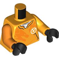 Torse, bras impairs, pull, poches, sous-vêtement blanc et symbole, motif imprimé dragon orange, bras orange lumineux gauche, bras orange droit, mains noires (Torso, Odd Arms, Sweater, Pockets, White Undershirt and Symbol, Orange Dragon Print, Left Bright Light Orange Arm, Right Orange Arm, Black Hands)