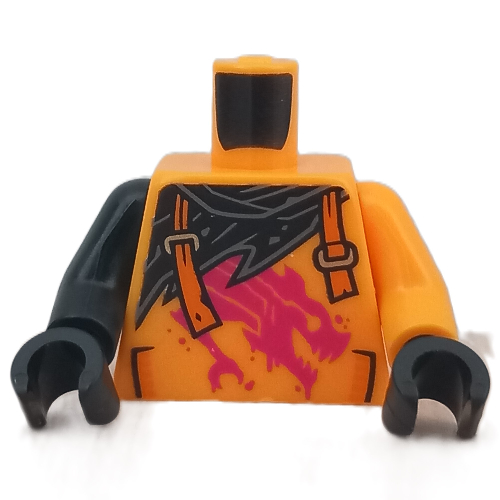Torse, bras impairs, cape noire, sangles oranges, motif imprimé dragon magenta, bras orange lumineux gauche, bras noir droit, mains noires (Torso, Odd Arms, Black Cloak, Orange Straps, Magenta Dragon Print, Left Bright Light Orange Arm, Right Black Arm, Black Hands)