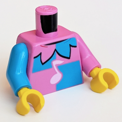 Visuel indicatif Rebrickable de Torse, bras impairs, costume de bouffon, col bleu azur foncé et rose foncé, motif imprimé note rose vif, bras rose foncé gauche, bras bleu foncé droit, mains jaunes (Torso, Odd Arms, Jester Costume, Dark Azure and Dark Pink Collar, Bright Pink Note Print, Left Dark Pink Arm, Right Dark Azure Arm, Yellow Hands)