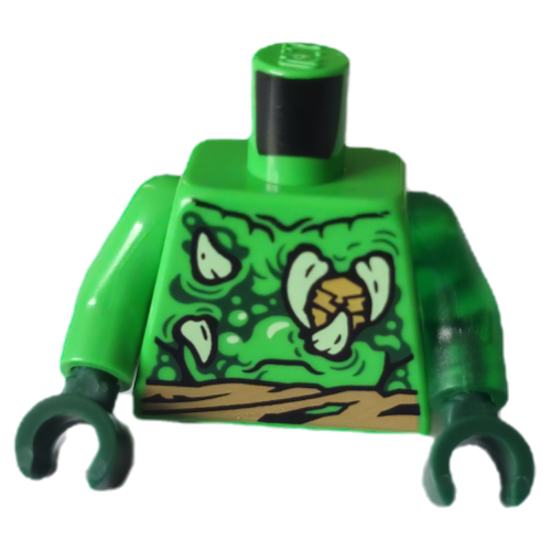 Visuel indicatif Rebrickable de Torse, bras impairs, crocs/griffes de beige, formes vert foncé, motif imprimé de ceinture de beige foncé, bras transparent-vert gauche, bras vert clair droit, mains vert foncé (Torso, Odd Arms, Tan Fangs/Claws, Dark Green Shapes, Dark Tan Sash Print, Left Trans-Green Arm, Right Bright Green Arm, Dark Green Hands)