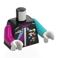 Torse, bras impairs, combinaison de course, fermeture éclair blanche, inscription 'F1 ACADEMY 32', motif imprimé de formes azur/magenta, bras gauche moyen azur, bras droit magenta, mains blanches (Torso, Odd Arms, Racing Suit, White Zipper, 'F1 ACADEMY 32', Azure/Magenta Shapes Print, Left Medium Azure Arm, Right Magenta Arm, White Hands)