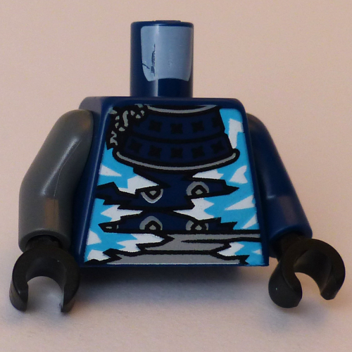 Torse, bras impairs, armure samouraï, garniture argentée, motif imprimé glaces blanc/azur, bras bleu foncé gauche, bras gris foncé droit, mains noires (Torso, Odd Arms, Samurai Armor, Silver Trim, White/Azure Icicles Print, Left Dark Blue Arm, Right Dark Bluish Gray Arm, Black Hands)