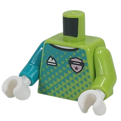Torse, bras impairs, chemise de gardien de but, fade-over turquoise foncé, badge argenté, logo blanc de montagne, '1' sur le motif imprimé au dos, bras gauche en vert citron, bras droit en turquoise foncé, mains blanches (Torso, Odd Arms, Goalkeeper Shirt, Dark Turquoise Fade-Over, Silver Badge, White Mountain Logo, '1' on Back Print, Left Lime Arm, Right Dark Turquoise Arm, White Hands)