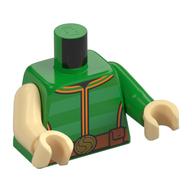 Visuel indicatif Rebrickable de Torse, bras impairs, vert/vert vif pull rayé, or garniture, boucles de ceinture, Nougat ceinture motif imprimé, gauche bras vert vif, bras beige droite, mains beige (Torso, Odd Arms, Green/Bright Green Striped Sweater, Gold Trim, Belt Buckles, Nougat Belt Print, Left Bright Green Arm, Right Tan Arm, Tan Hands)