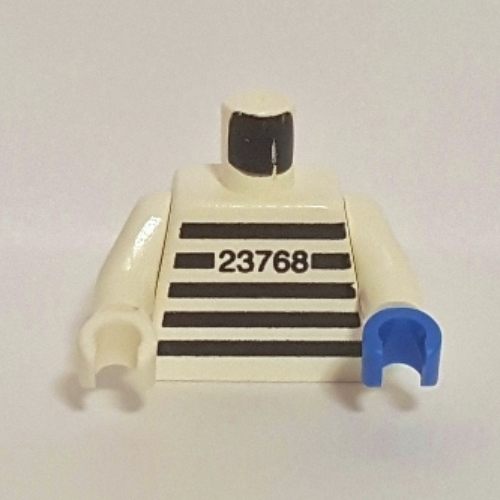 Visuel indicatif Rebrickable de Torse, mains impaires, chemise de prison, motif imprimé '23768', bras blancs, main gauche bleue, main droite blanche (Torso, Odd Hands, Prison Shirt, '23768' Print, White Arms, Left Blue Hand, Right White Hand)