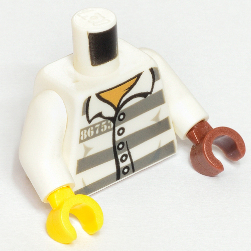 Torse, mains impaires, chemise de prison, motif : inscription '86753', bras blancs, main gauche brun rougeâtre, main droite jaune (Torso, Odd Hands, Prison Shirt, '86753' Print, White Arms, Left Reddish Brown Hand, Right Yellow Hand)