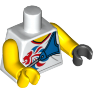 Torse, mains dépareillées, chemise à col en V avec logo de l'équipe gb et porte-arc bleu imprimé, bras jaunes, main gauche noire, main droite jaune (Torso, Odd Hands, V Neck Shirt with Team GB Logo and Blue Bow Holder Print, Yellow Arms, Left Black Hand, Right Yellow Hand)