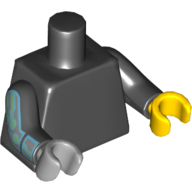 Torse, mains dépareillées, sans motif, bras noirs avec motif imprimé mécanique argenté, main gauche jaune, main droite gris bleuté clair (Torso, Odd Hands, Plain, Black Arms with Silver Mechanical Print, Left Yellow Hand, Right Light Bluish Gray Hand)