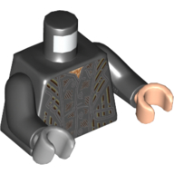 Torse, mains impaires, robe avec motif imprimé lignes noir et beige foncé, bras noirs, main nougat clair gauche, main gris bleuté clair droit (Torso, Odd Hands, Robe with Black and Dark Tan Lines Print, Black Arms, Left Light Nougat Hand, Right Light Bluish Gray Hand)
