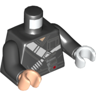 Visuel indicatif Rebrickable de Torse, mains impaires, veste avec motif imprimé blanc de bandoulière, bras noirs, main gauche blanche, main droite nougat clair (Torso, Odd Hands, Jacket with White Shoulder Strap Print, Black Arms, Left White Hand, Right Light Nougat Hand)