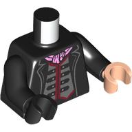 Torse, mains impaires, veste, tunique argentée, garniture rouge foncé, motif : écharpe rose vif, bras noirs, main nougat clair gauche, main noire droite (Torso, Odd Hands, Jacket, Silver Tunic, Dark Red Trim, Bright Pink Scarf Print, Black Arms, Left Light Nougat Hand, Right Black Hand)