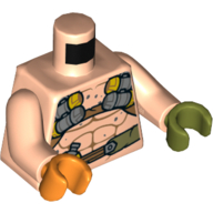 Visuel indicatif Rebrickable de Torse, mains impaires, poitrine nue, muscles, ceinture avec flacon, harnais imprimé, bras de nougat clair, main gauche vert olive, main droite orange (Torso, Odd Hands, Bare Chest, Muscles, Belt with Flask, Harness Print, Light Nougat Arms, Left Olive Green Hand, Right Orange Hand)