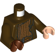 Torse, mains impaires, robe sur tunique avec motif imprimé à rayures nougat moyen, bras brun foncé, main gauche nougat clair, main droite brun rougeâtre (Torso, Odd Hands, Robe over Tunic with Medium Nougat Stripes Print, Dark Brown Arms, Left Light Nougat Hand, Right Reddish Brown Hand)