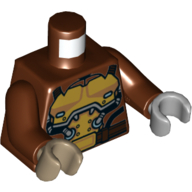 Torse, mains impaires, chemise avec col, plastron doré avec motif imprimé de tubes d'argent, bras brun rougeâtre, main gauche gris bleuté clair, main droite beige foncé (Torso, Odd Hands, Shirt with Collar, Gold Breastplate with Silver Tubes Print, Reddish Brown Arms, Left Light Bluish Gray Hand, Right Dark Tan Hand)