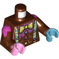 Visuel indicatif Rebrickable de Torse, mains impaires, chemise avec boutons et glaçage rose foncé, bretelles, motif imprimé noeud papillon jaune clair lumineux, bras brun rougeâtre avec motif imprimé glaçage rose foncé, main gauche moyenne azur, main droite rose vif (Torso, Odd Hands, Shirt with Buttons and Dark Pink Frosting, Suspenders, Bright Light Yellow Bow Tie Print, Reddish Brown Arms with Dark Pink Frosting Print, Left Medium Azure Hand, Right Bright Pink Hand)