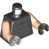 Visuel indicatif Rebrickable de Torse, mains impaires, gilet avec motif imprimé de lignes argentées, bras nougat clair, main gauche noire, main droite légère gris bleuâtre (Torso, Odd Hands, Vest with Silver Lines Print, Light Nougat Arms, Left Black Hand, Right Light Bluish Gray Hand)