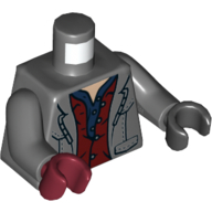 Torse, mains impaires, manteau, ouvert sur gilet rouge foncé, motif : chemise bleu foncé, bras gris bleuté foncé, main noire gauche, main rouge foncé droite (Torso, Odd Hands, Coat, Open over Dark Red Vest, Dark Blue Shirt Print, Dark Bluish Gray Arms, Left Black Hand, Right Dark Red Hand)