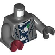 Torse, mains impaires, manteau, ouvert sur le motif imprimé chemise bleu foncé et blanc, bras gris bleuté foncé, main noire gauche, main rouge foncé droite (Torso, Odd Hands, Coat, Open over Dark Blue and White Shirt Print, Dark Bluish Gray Arms, Left Black Hand, Right Dark Red Hand)