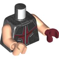 Visuel indicatif Rebrickable de Torse, mains impaires, protection de poitrine, motif imprimé de panneaux rouges et noirs foncés, bras de nougat clair, main rouge foncé gauche, main de nougat clair droit (Torso, Odd Hands, Chest Protector, Dark Red and Black Panels Print, Light Nougat Arms, Left Dark Red Hand, Right Light Nougat Hand)