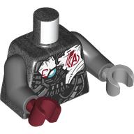 Visuel indicatif Rebrickable de Torse, mains impaires, armure, endommagé, panneaux blancs, logo vengeur rouge foncé imprimé, bras gris bleuté foncé, main gauche gris clair bleuté, main droite rouge foncé (Torso, Odd Hands, Armor, Damaged, White Panels, Dark Red Avengers Logo Print, Dark Bluish Gray Arms, Left Light Bluish Grey Hand, Right Dark Red Hand)