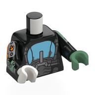 Torse, mains impaires, moto gris bleuté foncé, pneu, modèle imprimé réservoir d'essence moyen azur, bras noirs, main gauche vert sable, main droite blanc (Torso, Odd Hands, Dark Bluish Grey Motor Cycle, Tire, Medium Azure Gas Tank Print, Black Arms, Left Sand Green Hand, Right White Hand)