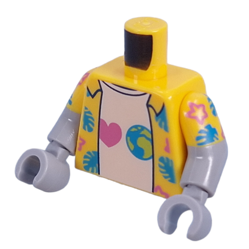 Torse, double bras moulés, chemise hawaïenne ouverte, chemise blanche avec cœur, motif imprimé terre, motif manches jaunes, bras et mains gris bleuté clair (Torso, Dual Molded Arms, Open Hawaiian Shirt, White Shirt with Heart, Earth Print, Yellow Sleeves Pattern, Light Bluish Gray Arms and Hands)