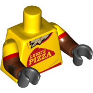 Visuel indicatif Rebrickable de Torse, deux bras moulés, garniture rouge et 'LUIGI'S PIZZA', motif imprimé de poitrine de paille, motif de manches jaunes, bras brun rougeâtre (Torso, Dual Molded Arms, Red Trim and 'LUIGI'S PIZZA', Straw Chest Print, Yellow Sleeves Pattern, Reddish Brown Arms Red Trim Print, Black Hands)