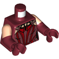 Torse, double bras moulés, corps, bordure rouge, motif imprimé nougat clair, motif manches nougat clair, bras et mains rouge foncé (Torso, Dual Molded Arms, Bodysuit, Red Trim, Light Nougat Neck Print, Light Nougat Sleeves Pattern, Dark Red Arms and Hands)