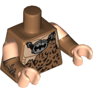 Torse, deux bras moulés, muscles avec des taches d'animaux, pierre Batman logo pendentif imprimé, motif de manches nougat clair, bras de nougat moyen avec poignets en fourrure motif imprimé, mains nougat clair (Torso, Dual Molded Arms, Muscles with Animal Spots, Stone Batman Logo Pendant Print, Light Nougat Sleeves Pattern, Medium Nougat Arms with Fur Cuffs Print, Light Nougat Hands)