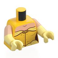Torse, double bras moulés, poitrine de nougat clair, robe, décorations dorées, motif imprimé à volants jaune clair lumineux, motif de manches de nougat clair, bras et mains jaune clair vif (Torso, Dual Molded Arms, Light Nougat Chest, Dress, Gold Decorations, Bright Light Yellow Ruffle Print, Light Nougat Sleeves Pattern, Bright Light Yellow Arms and Hands)