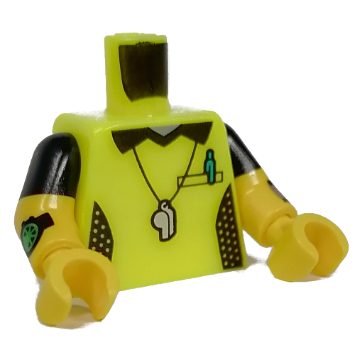 Torse, Bras moulés doubles, Chemise arbitre, Sifflet, Montre motif imprimé, Motif manches noires, bras et mains jaunes (Torso, Dual Molded Arms, Referee Shirt, Whistle, Watch Print, Black Sleeves Pattern, Yellow Arms and Hands)