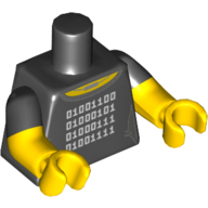Torse, deux bras moulés, cou jaune, collier argent et 4 rangées de blanc code binaire motif imprimé, motif manches noires, bras et mains jaunes (Torso, Dual Molded Arms, Yellow Neck, Silver Necklace and 4 Rows of White Binary Code Print, Black Sleeves Pattern, Yellow Arms and Hands)