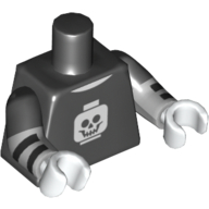 Visuel indicatif Rebrickable de Torse, bras bimoulés, Chemise avec motif imprimé blanc tête de minifigurine Crâne, motif : manches noires, motif : bras gris bleuté clair avec rayures noires, mains blanches (Torso, Dual Molded Arms, Shirt with White Minifig Head Skull Print, Black Sleeves Pattern, Light Bluish Gray Arms with Black Stripes Print, White Hands)