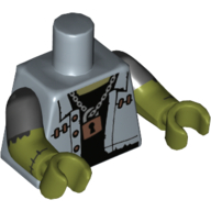 Visuel indicatif Rebrickable de Torse, double bras moulés, chemise, ouvert sur un sous-vêtement noir, chaîne avec motif imprimé cadenas, motif manches noires, bras et mains vert olive (Torso, Dual Molded Arms, Shirt, open Over Black Undershirt, Chain with Padlock Print, Black Sleeves Pattern, Olive Green Arms and Hands)