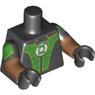 Torse, double bras moulés, muscles, poitrine verte avec motif imprimé de logo lanterne verte, motif manches noires, bras nougat moyen, mains noires (Torso, Dual Molded Arms, Muscles, Green Chest with Green Lantern Logo Print, Black Sleeves Pattern, Medium Nougat Arms, Black Hands)