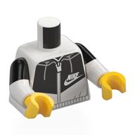 Torse, Deux bras moulés, Survêtement noir/blanc, 'NIKE' Logo imprimé, Motif manches noires, bras blancs, mains jaunes (Torso, Dual Molded Arms, Black/White Tracksuit, 'NIKE' Logo Print, Black Sleeves Pattern, White Arms, Yellow Hands)