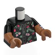 Visuel indicatif Rebrickable de Torse, doubles bras moulés, fleurs blanches/corail, feuilles vert sable, rayures bleu foncé et blanches sur le modèle imprimé bras gauche, motif manches noires, bras et mains brun terre de sienne (Torso, Dual Molded Arms, White/Coral Flowers, Sand Green Leaves, Dark Blue and White Stripes on Left Arm Print, Black Sleeves Pattern, Sienna Brown Arms and Hands)