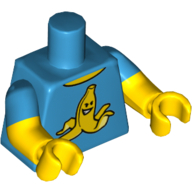 Visuel indicatif Rebrickable de Torse, deux bras moulés, peau de banane jaune avec motif imprimé de sourire, motif manches bleu azur foncé, bras et mains jaunes (Torso, Dual Molded Arms, Yellow Banana Peel with Grin Print, Dark Azure Sleeves Pattern, Yellow Arms and Hands)