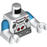 Torse, double bras moulés, combinaison spatiale, ceinture argentée, boutons rouges, motif imprimé bord gris clair, motif manches Azur foncé, bras et mains blancs (Torso, Dual Molded Arms, Spacesuit, Silver Belt, Red Buttons, Light Bluish Gray Trim Print, Dark Azure Sleeves Pattern, White Arms and Hands)