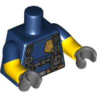 Torse, Bras à double moulage, Muscles, harnais, Badge de police doré imprimé, Motif manches bleu foncé, bras jaunes, mains gris bleuté foncé (Torso, Dual Molded Arms, Muscles, Harness, Gold Police Badge Print, Dark Blue Sleeves Pattern, Yellow Arms, Dark Bluish Gray Hands)