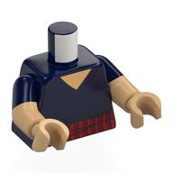 Visuel indicatif Rebrickable de Torse, Double bras moulés, robe, motif : ceinture rouge et rouge foncé, bleu foncé manches motif, bras et mains beige chaud (Torso, Dual Molded Arms, Robe, Red/Dark Red Belt Print, Dark Blue Sleeves Pattern, Warm Tan Arms and Hands)