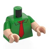 Torse, double bras moulés, chemise, motif imprimé cravate rouge, motif manches vert vif, bras et mains nougat clair (Torso, Dual Molded Arms, Shirt, Red Tie Print, Bright Green Sleeves Pattern, Light Nougat Arms and Hands)