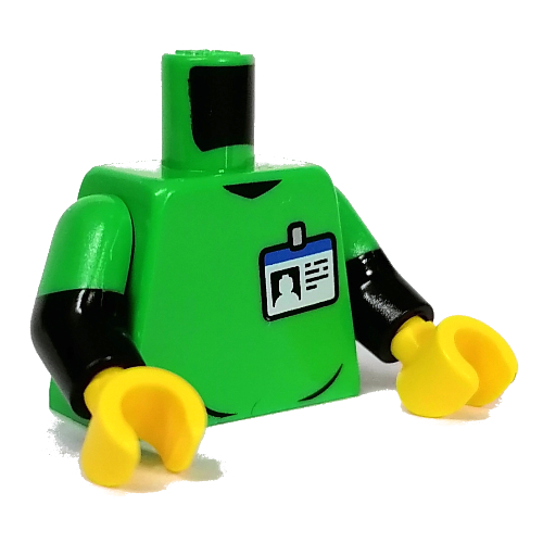 Torse, deux bras moulés, badge d'identité, bleu 'RESCUE' logo motif imprimé, motif manches vert vif, bras noirs, mains jaunes (Torso, Dual Molded Arms, ID Badge, Blue 'RESCUE' Logo Print, Bright Green Sleeves Pattern, Black Arms, Yellow Hands)
