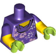 Visuel indicatif Rebrickable de Torse, double bras moulés, chemise avec motif imprimé de fleurs blanches et lavande, motif manches violet foncé, bras jaunes, mains vert citron (Torso, Dual Molded Arms, Shirt with White and Lavender Flowers Print, Dark Purple Sleeves Pattern, Yellow Arms, Lime Hands)