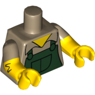 Visuel indicatif Rebrickable de Torse, double bras moulés, motif : salopette vert foncé sur chemise, motif manches beige foncé, bras et mains jaunes (Torso, Dual Molded Arms, Dark Green Overalls over Shirt Print, Dark Tan Sleeves Pattern, Yellow Arms and Hands)