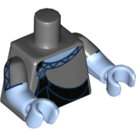 Torse, double bras moulés, tunique, noir avec motif imprimé sous-chemise, motif manches gris bleu foncé, bras et mains bleu clair vif (Torso, Dual Molded Arms, Tunic, Black with Undershirt Print, Dark Bluish Gray Sleeves Pattern, Bright Light Blue Arms and Hands)